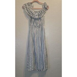 Forever 21 Womens Sz M Off The Shoulder Midi Length Dress White Blue Striped